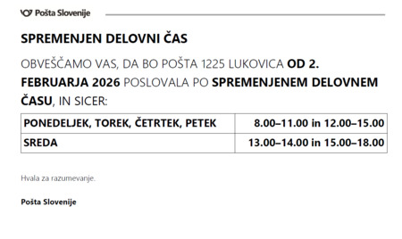 Obvestilo o spremenjenem delovnem času